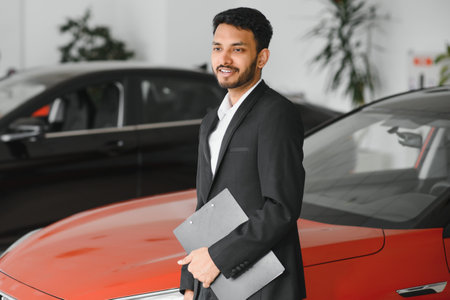 indian cheerful car salesman at showroom