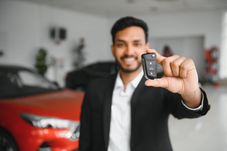 Good looking, cheerful and friendly indian salesman poses in a car salon or showroomの写真素材