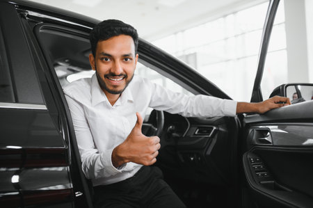 happy indian man buy new biodiesel eco automobile in lux showroomの写真素材