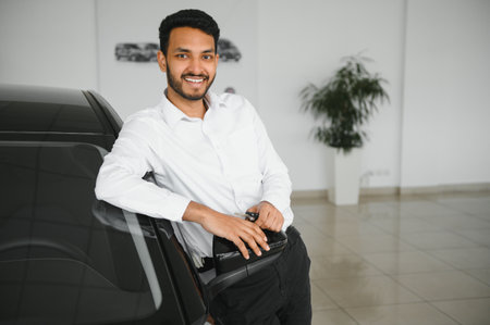 happy indian man buy new biodiesel eco automobile in lux showroomの写真素材