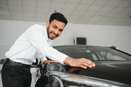 A young Indian man chooses a new car at a car dealership.の写真素材