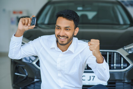 Happy man showing the key of his new carの写真素材