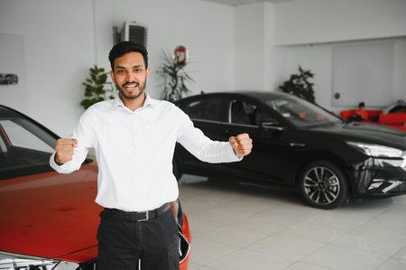 A young Indian man chooses a new car at a car dealership.の写真素材