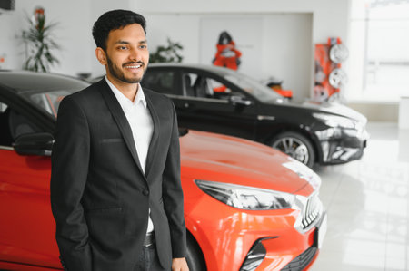 Good looking, cheerful and friendly indian salesman poses in a car salon or showroomの写真素材