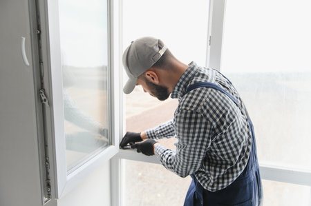 Worker installing plastic window indoors.
