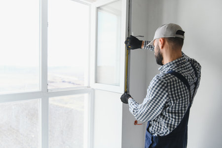 Construction worker installing window in house.の写真素材