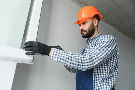 Worker in installing white plastic upvc window on houseの写真素材