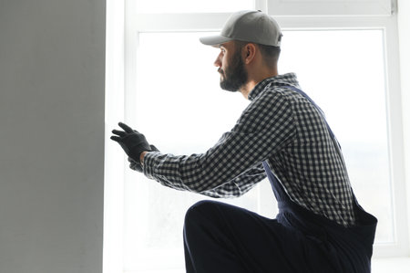 Plasterer in blue working uniform plastering the wall indoors.の写真素材