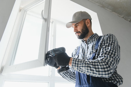 service man installing window with screwdriver.の写真素材
