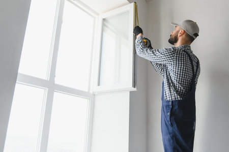 Worker in installing white plastic upvc window on houseの写真素材