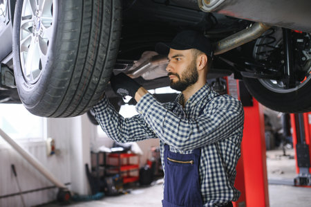 Auto mechanic working at auto repair shop.の写真素材