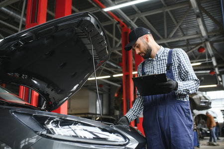 Mechanic examining under hood of car at the repair garage.の写真素材