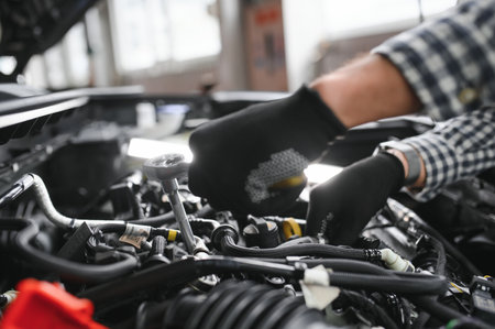 Mechanic examining under hood of car at the repair garage.の写真素材