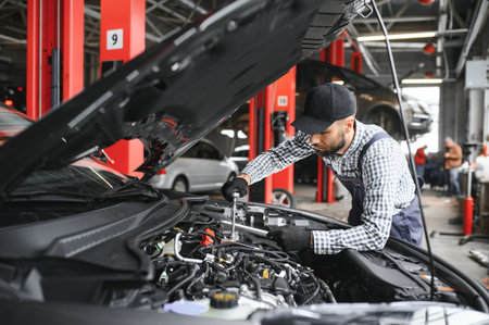 Mechanic examining under hood of car at the repair garage.の写真素材