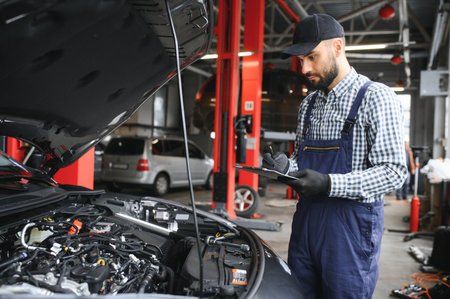Professional Mechanic is Working on a Car in a Car Service. Repairman in Safety Glasses is Fixing the Engine on a Vehicle. Specialist Unscrews Bolts with a Ratchet. Modern Clean Workshop.の写真素材