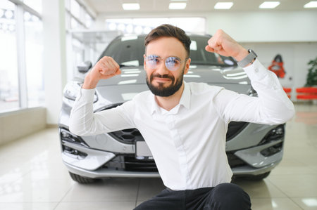 Yes, that's my new car. Customer in car dealership.の写真素材