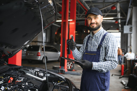 Professional caucasian car mechanic with checklist standing by vehicle engine area with hood open detecting malfunction.の写真素材