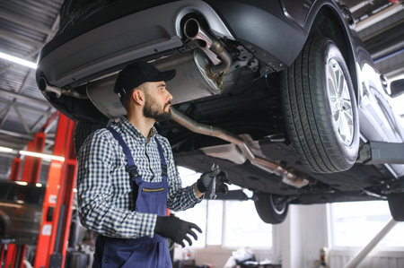 Portrait of a mechanic repairing a lifted car.の写真素材