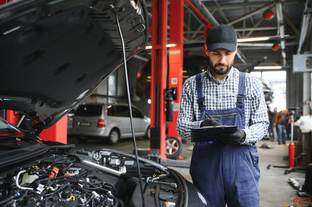 Professional caucasian car mechanic with checklist standing by vehicle engine area with hood open detecting malfunction.の写真素材
