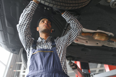 Indian happy auto mechanic in blue suitの写真素材