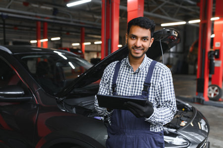Indian car mechanic standing and working in service station. Car specialists examining the lifted car. Professional repairmen wearing mechanic uniform in blue colorの写真素材