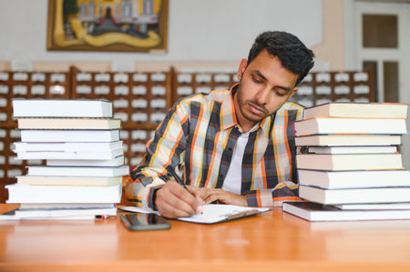 Portrait of cheerful male international Indian student with backpack, learning accessories standing near bookshelves at university library or book store during break between lessons. education concept.の写真素材