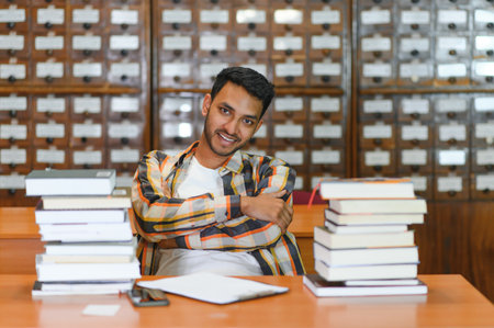 Portrait of cheerful male international Indian student with backpack, learning accessories standing near bookshelves at university library or book store during break between lessons. education concept.の写真素材