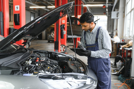 latin hispanic auto mechanic in uniform is examining a car while working in auto service.の写真素材