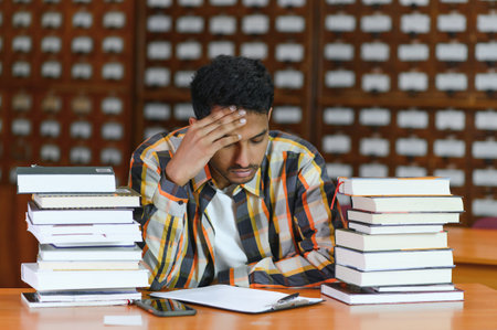 Male indian student at the library with book.の写真素材