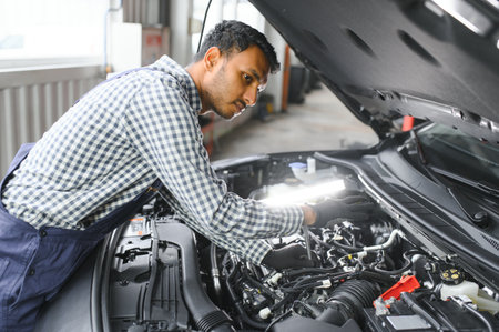 service, repair and profession concept - indian mechanic at car service.の写真素材