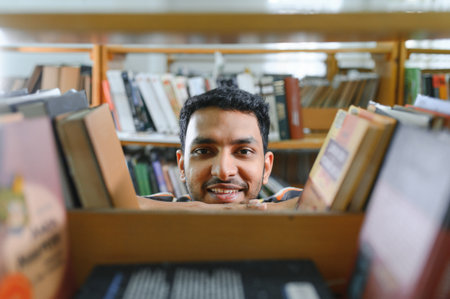 Portrait of cheerful male international Indian student with backpack, learning accessories standing near bookshelves at university library or book store during break between lessons. education concept.の写真素材