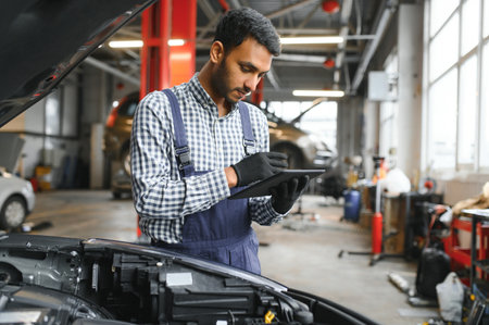 Mechanic man mechanic manager worker using a laptop computer checking car in workshop at auto car repair service center. Engineer young man looking at inspection vehicle details under car hoodの写真素材