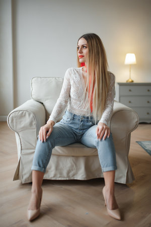 Fashion beautiful model sexy pretty lady in decoration designer room home or hotelの写真素材