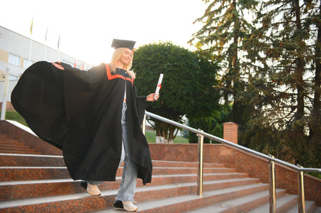 Happy cute caucasian grad girl is smiling. She is in a black mortar board, with red tassel, in gown, with nice brown curly hair, diploma in hand.の写真素材