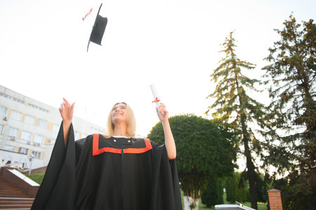 A young female graduate against the background of universityの写真素材