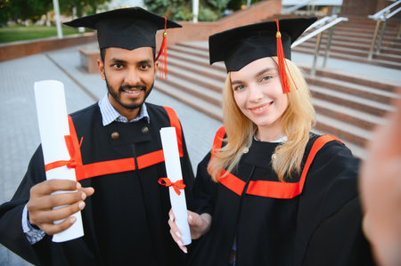 education, graduation and people concept - happy international students in mortar boards and bachelor gownsの写真素材