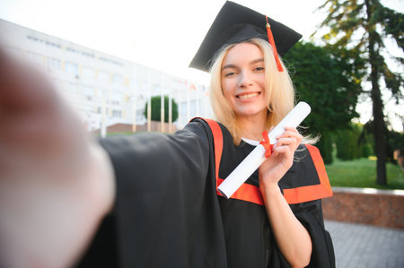 Portrait enthusiastic female college student graduate in cap and gown celebrating, holding diploma