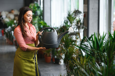 Woman florist working at her flower shop standing surrounded by plants.の写真素材