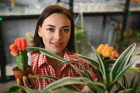 Pretty garden femaleer taking care of plants in her flowers and plants shop - woman working in a greenhouse.の写真素材