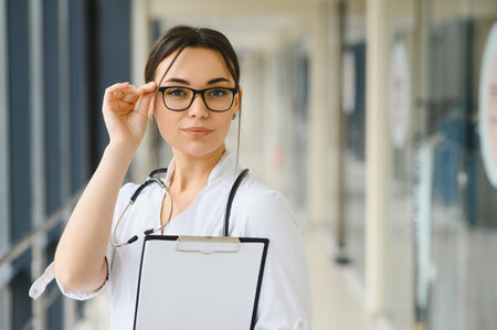 Portrait of young woman doctor with white coat standing in hospitalの写真素材