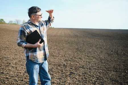A farmer works in a field sown in spring. An agronomist walks the earth, assessing a plowed field in...