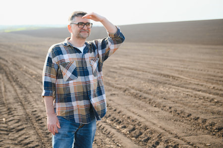 A farmer checks quality of soil before sowingの写真素材