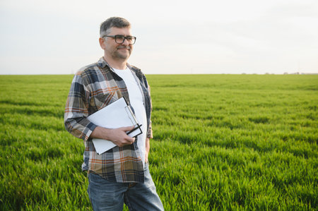 A young farmer inspects the quality of wheat sprouts in the field. The concept of agricultureの写真素材