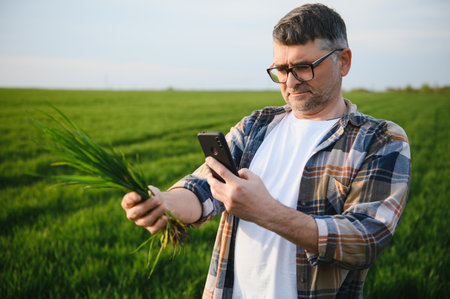 A young farmer inspects the quality of wheat sprouts in the field. The concept of agricultureの写真素材