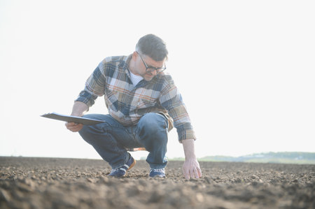 A farmer works in a field sown in spring. An agronomist walks the earth, assessing a plowed field in autumn. agriculture. smart farming technologiesの写真素材