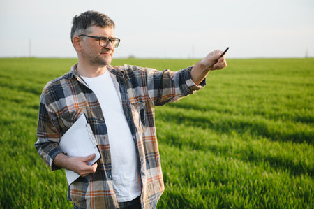 Portrait of senior farmer standing in wheat field examining cropping during the day