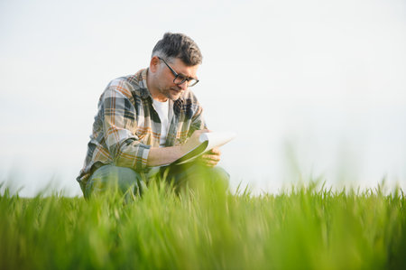 Experienced and confident farmer on his field. Portrait of senior farmer agronomist in wheat fieldの写真素材
