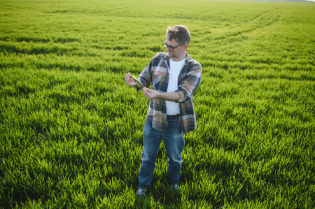 Portrait of senior farmer agronomist in wheat field. Successful organic food production and cultivationの写真素材