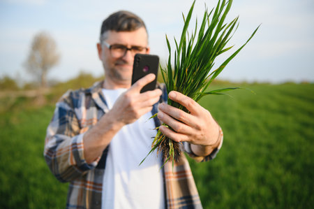 A young farmer inspects the quality of wheat sprouts in the field. The concept of agricultureの写真素材