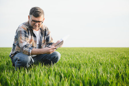 Senior farmer in wheat field and examining cropの写真素材